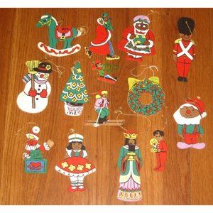 Vintage Flat Wood Christmas Ornaments Wooden Double Sided Hand Painted Lot 70's